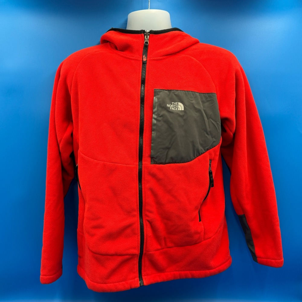 The North Face Orange Fleece Hooded Jacket Boys XL Full Zip Logo Pocket Warm